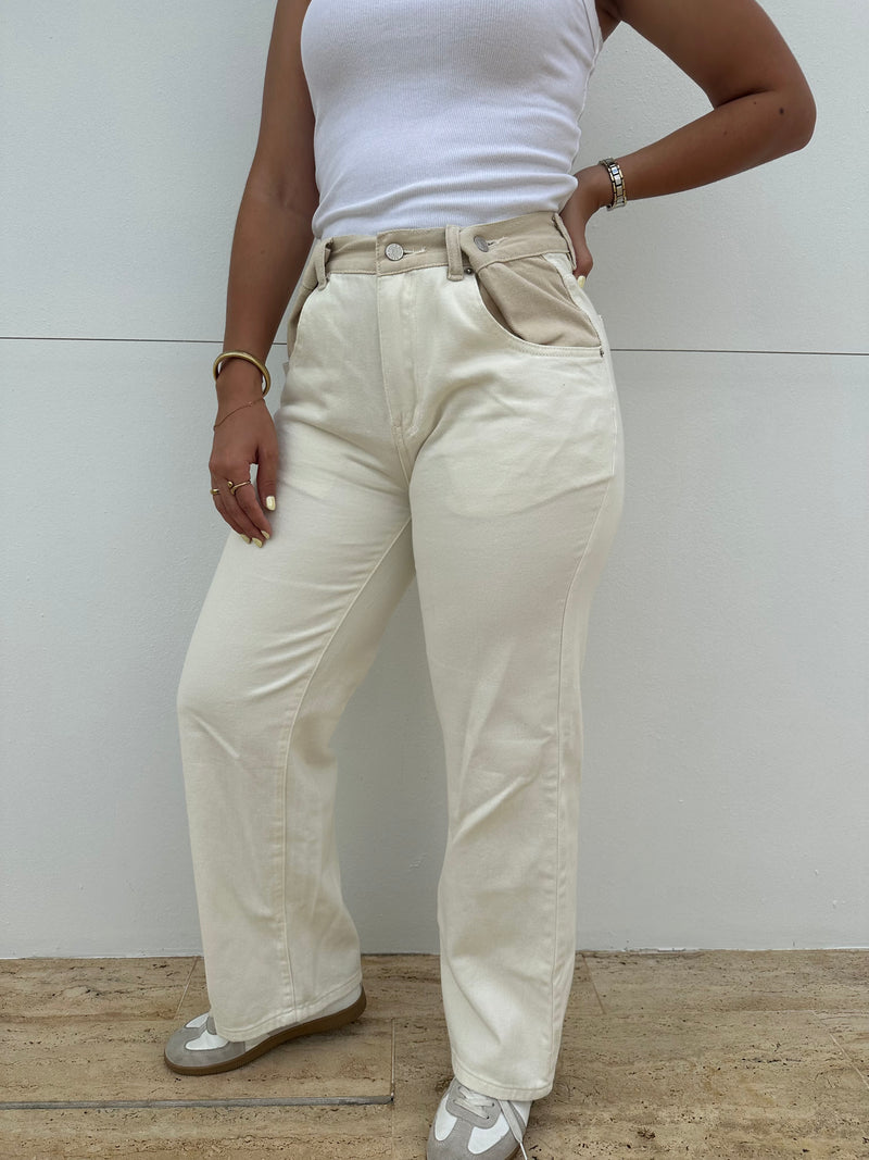 Contrast Button Waist Wide Leg Pants