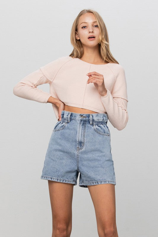 Super High Rise Elastic Waistband Denim Shorts