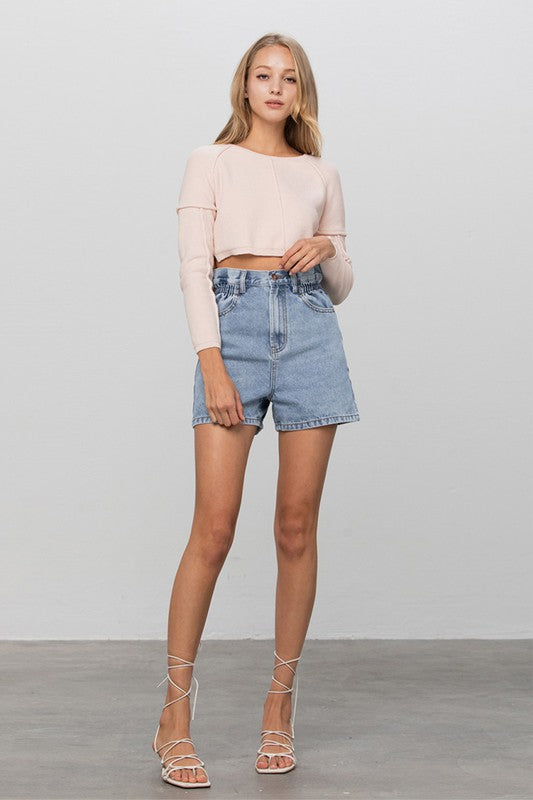 Super High Rise Elastic Waistband Denim Shorts