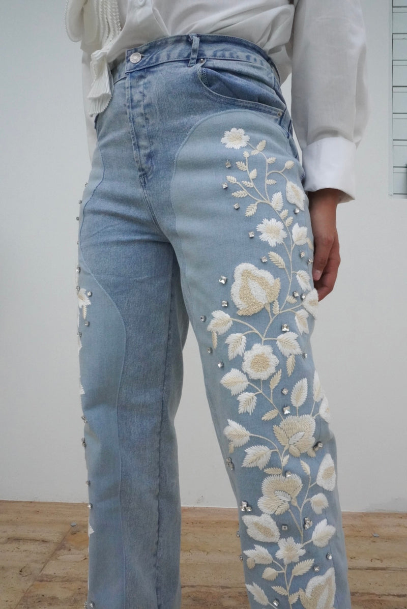 Stretch Mid Rise Side Stone Denim Jeans