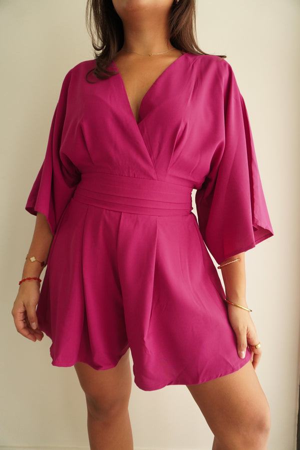 Woven Solid 3/4 Sleeve V- Neck Romper with Pocket