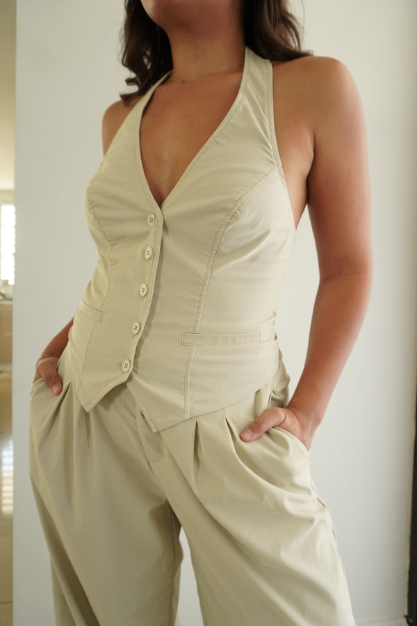Stretchy Woven Halter Vest Top & Pin-tuck Wide Legged Pants