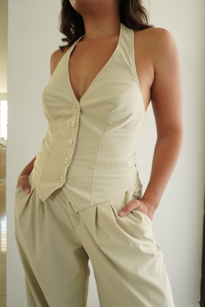 Stretchy Woven Halter Vest Top & Pin-tuck Wide Legged Pants