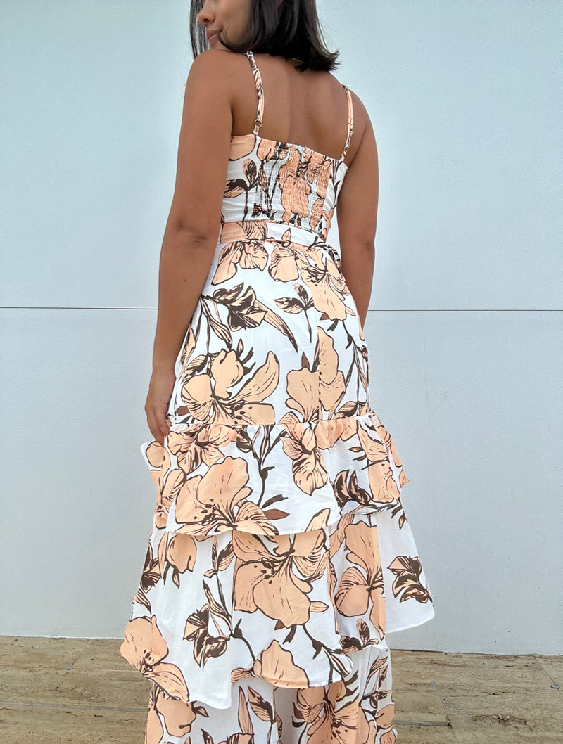 Sleeveless V-Neck Ruffle Tiered Floral Maxi Dress