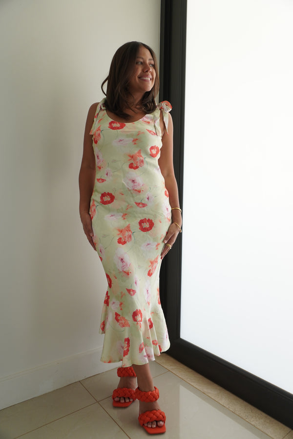 Printed Satin Midi Dress with Scoop Neck