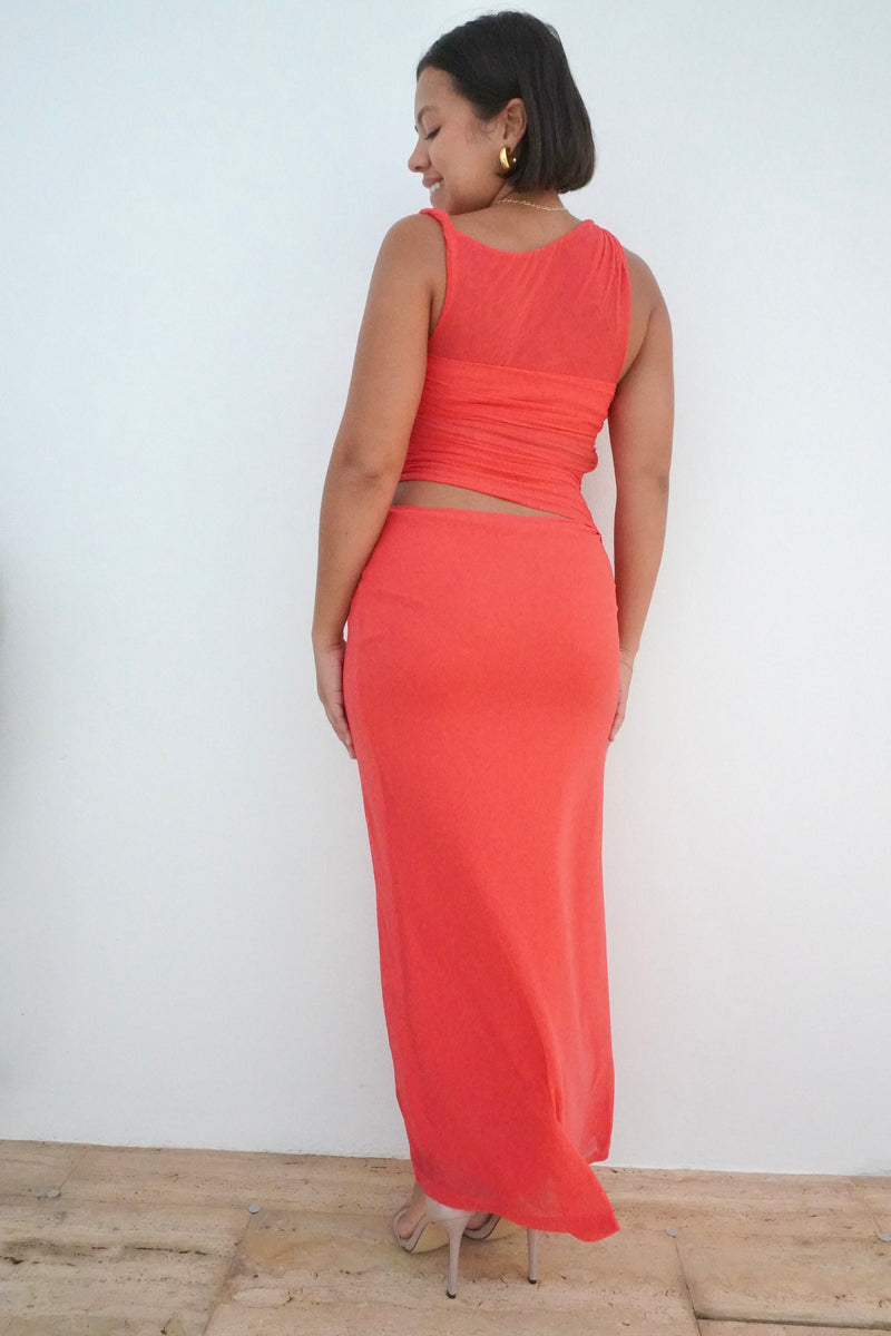 One Shoulder Mesh Side Cutout Maxi Dress