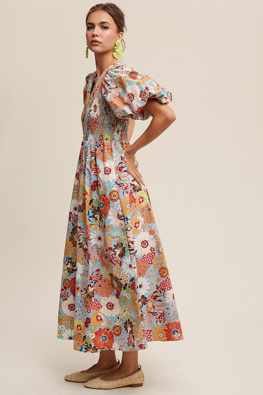 Flower Print Smocked V-neck Puff Sleeve Maxi Dress