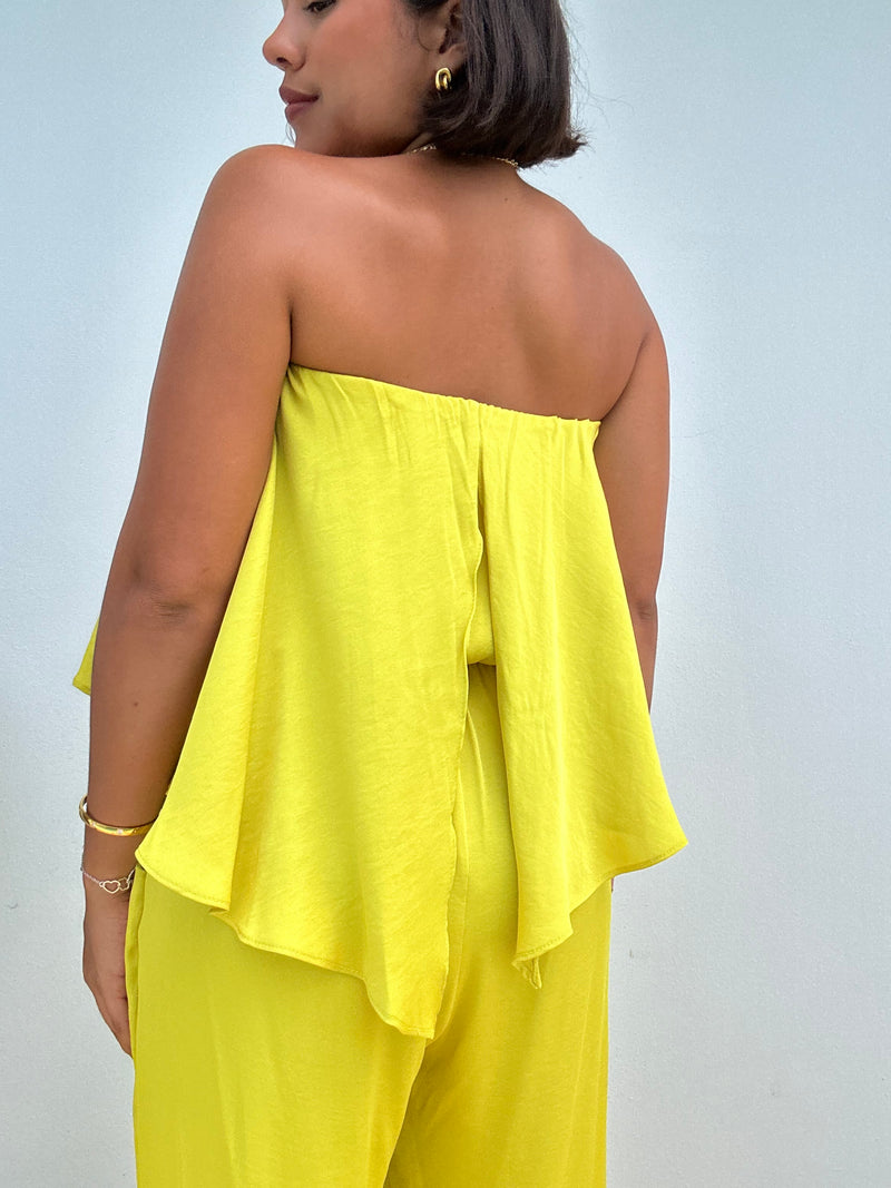 Washed Poly Silk Cascade Strapless Jumpsuit