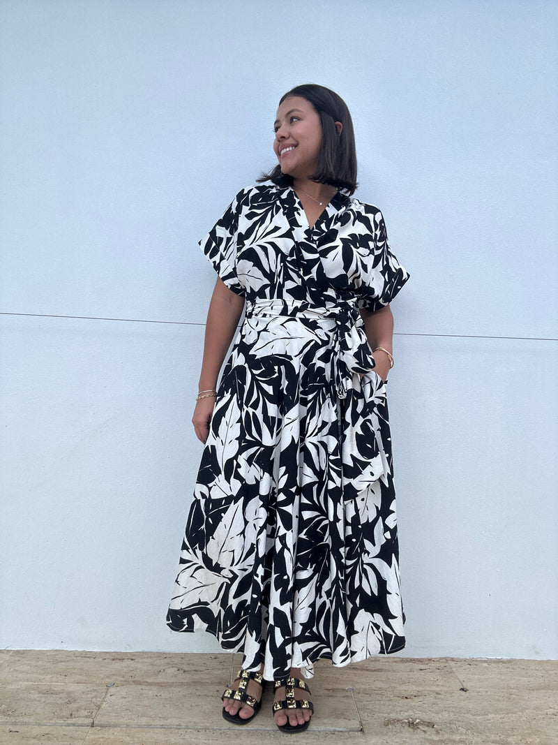 Leaf shadow print wrap midi dress