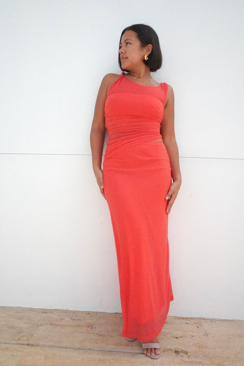 One Shoulder Mesh Side Cutout Maxi Dress