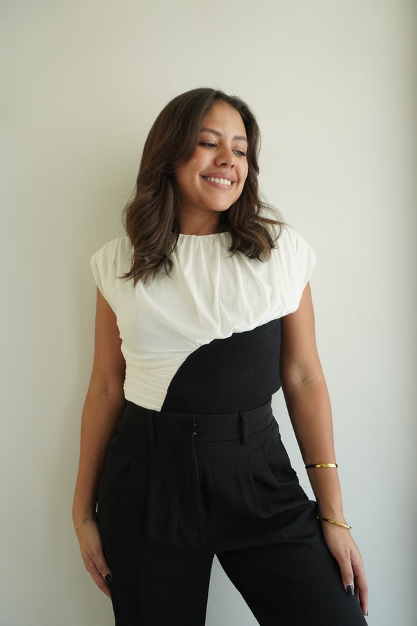 Power Mesh & Knitted Top with Shoulder Pads