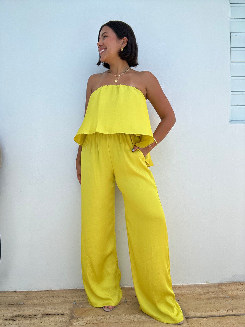 Washed Poly Silk Cascade Strapless Jumpsuit