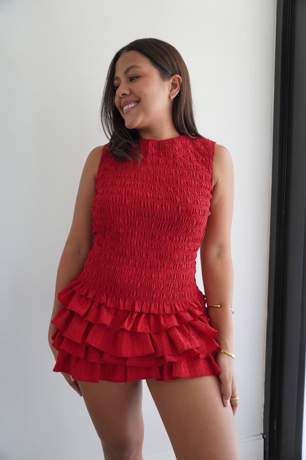 Smocked Open Back Top & Ruffle Mini Skirt