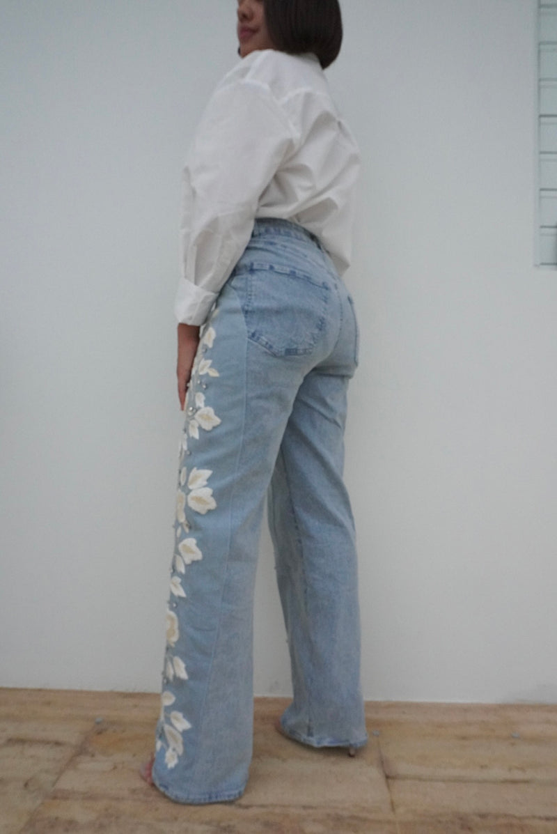 Stretch Mid Rise Side Stone Denim Jeans