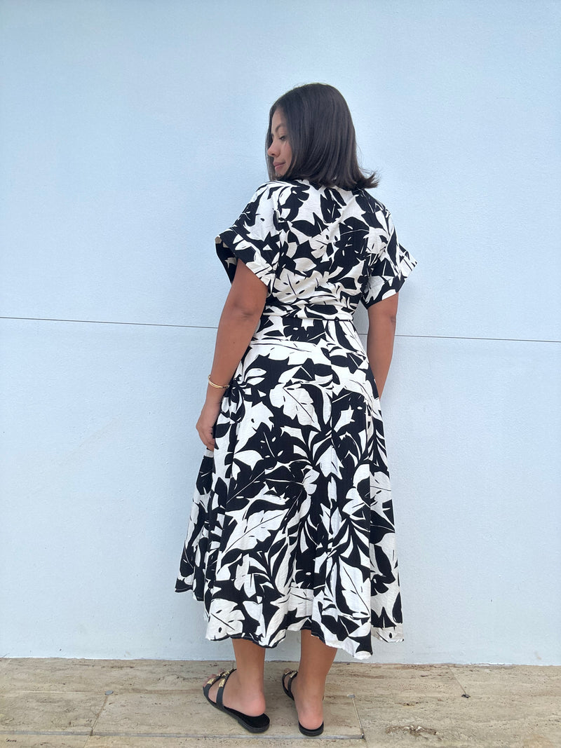 Leaf shadow print wrap midi dress