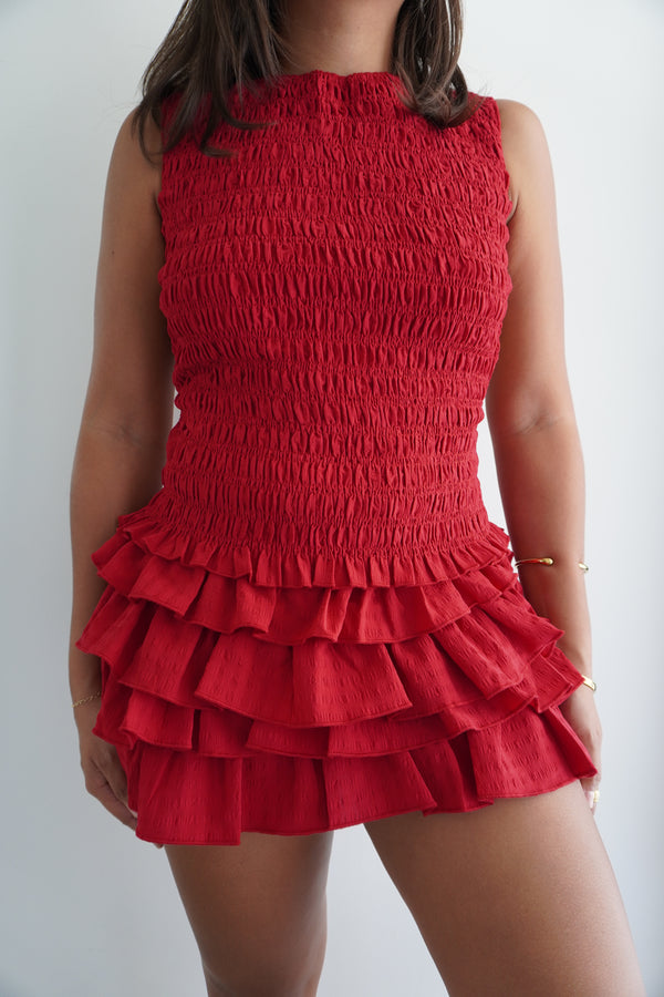 Smocked Open Back Top & Ruffle Mini Skirt