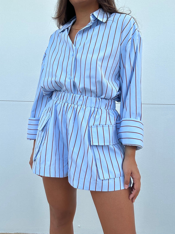 Striped Button Down Shirt and Short Set