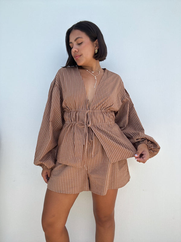 Puffy Longsleeve Front Tie Blouse and Short Set