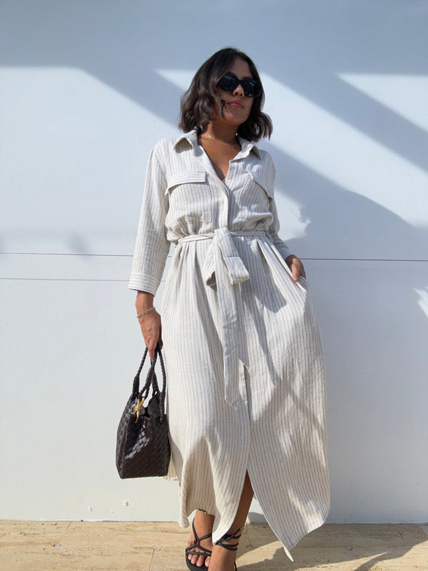 Pinstriped Belted Maxi Shirt Dress