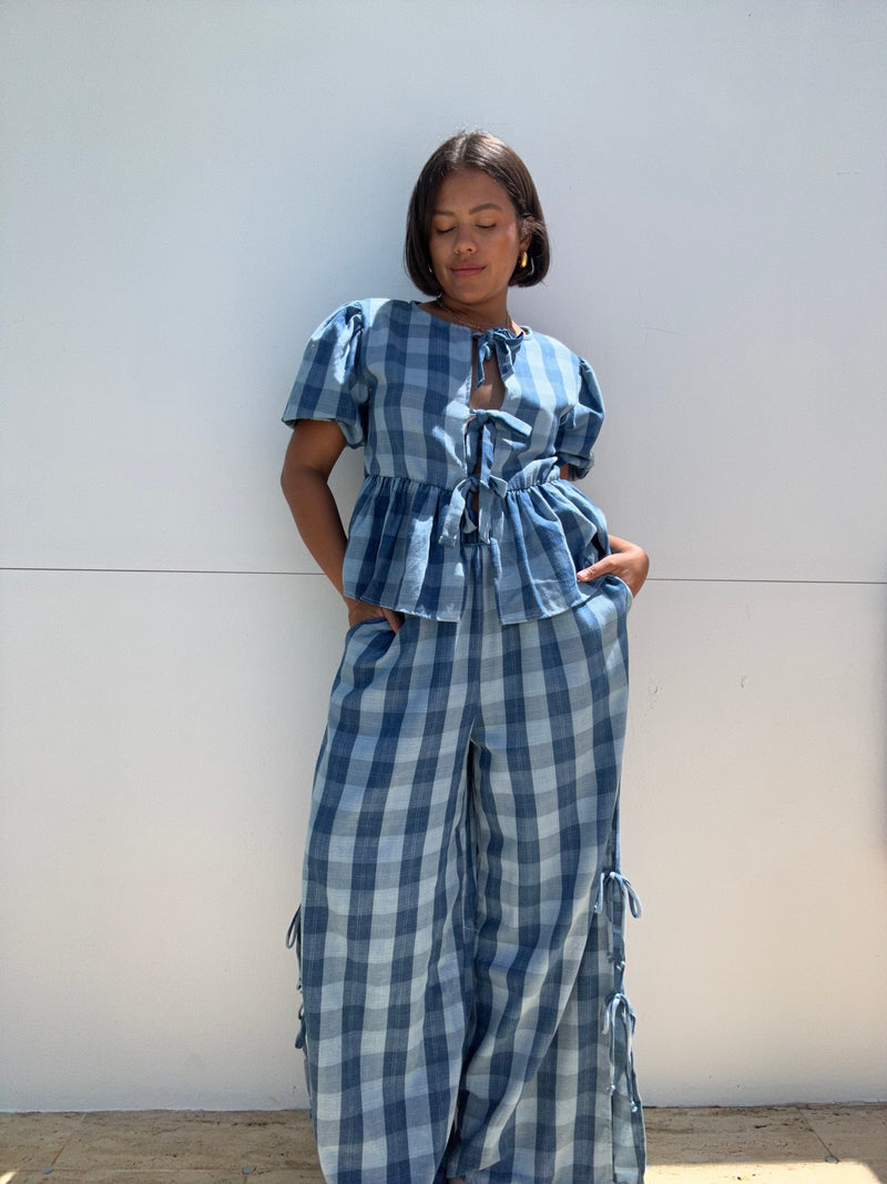 Gingham Gauze Plaid Bow Blouse & Side Tie Detail Pants Set