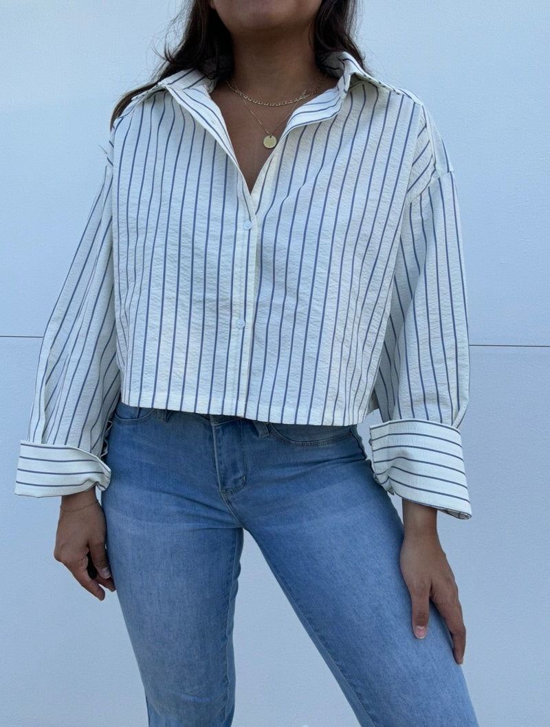 Striped Cropped Button Down Shirt