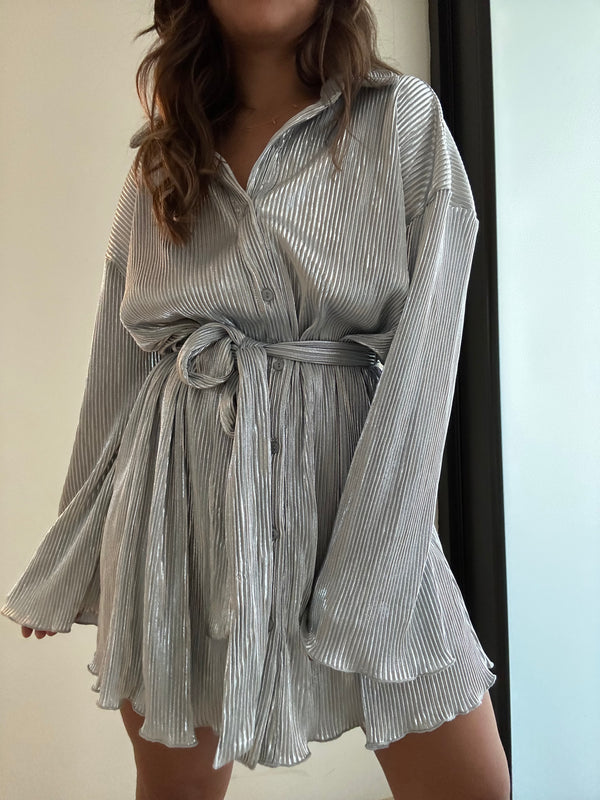 Metallic Pleated Mini Shirt Dress