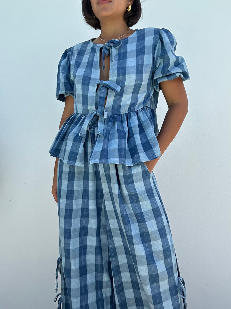 Gingham Gauze Plaid Bow Blouse & Side Tie Detail Pants Set