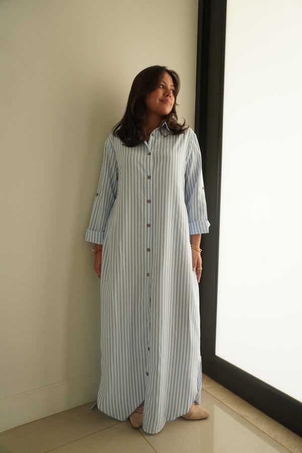 Woven Stripe Print Button-Down Maxi Dress