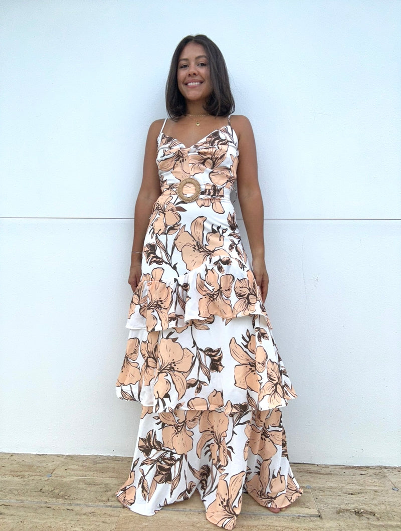 Sleeveless V-Neck Ruffle Tiered Floral Maxi Dress