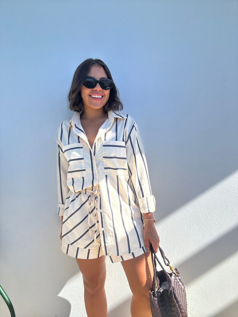 Long Sleeve Striped Button Down Shirt and Short Set