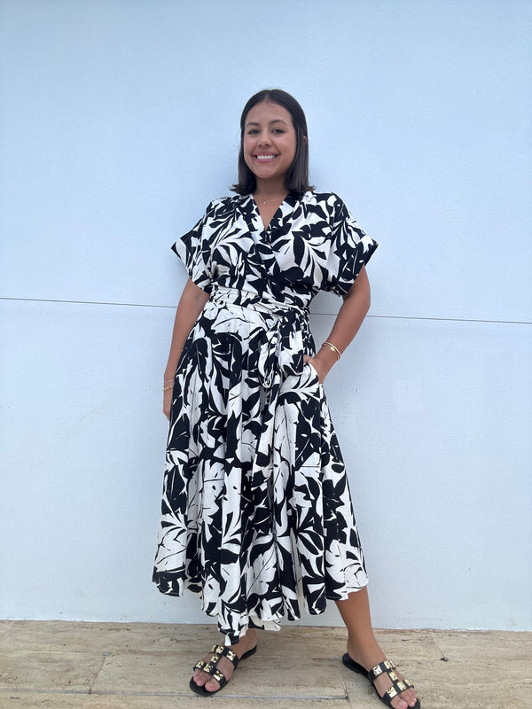 Leaf shadow print wrap midi dress