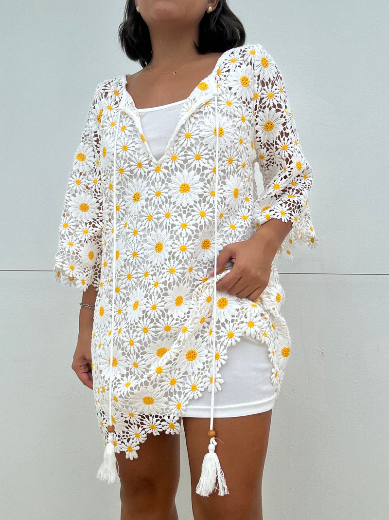 Long Sleeve Floral Crochet Mini Dress