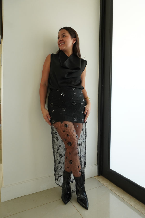 [PRE-ORDER]Semi Sheer Sequined Lace Midi Skirt