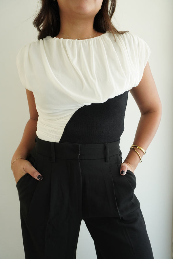 Power Mesh & Knitted Top with Shoulder Pads