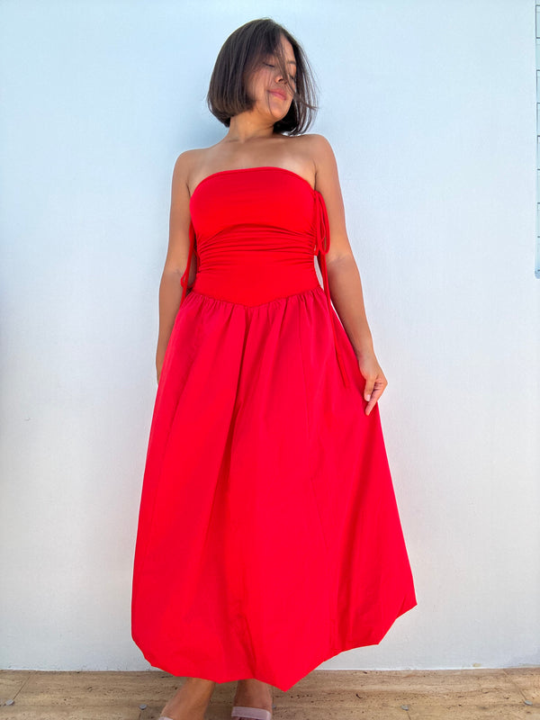 Shoulder Tie Drawstring Midi Bubble Dress