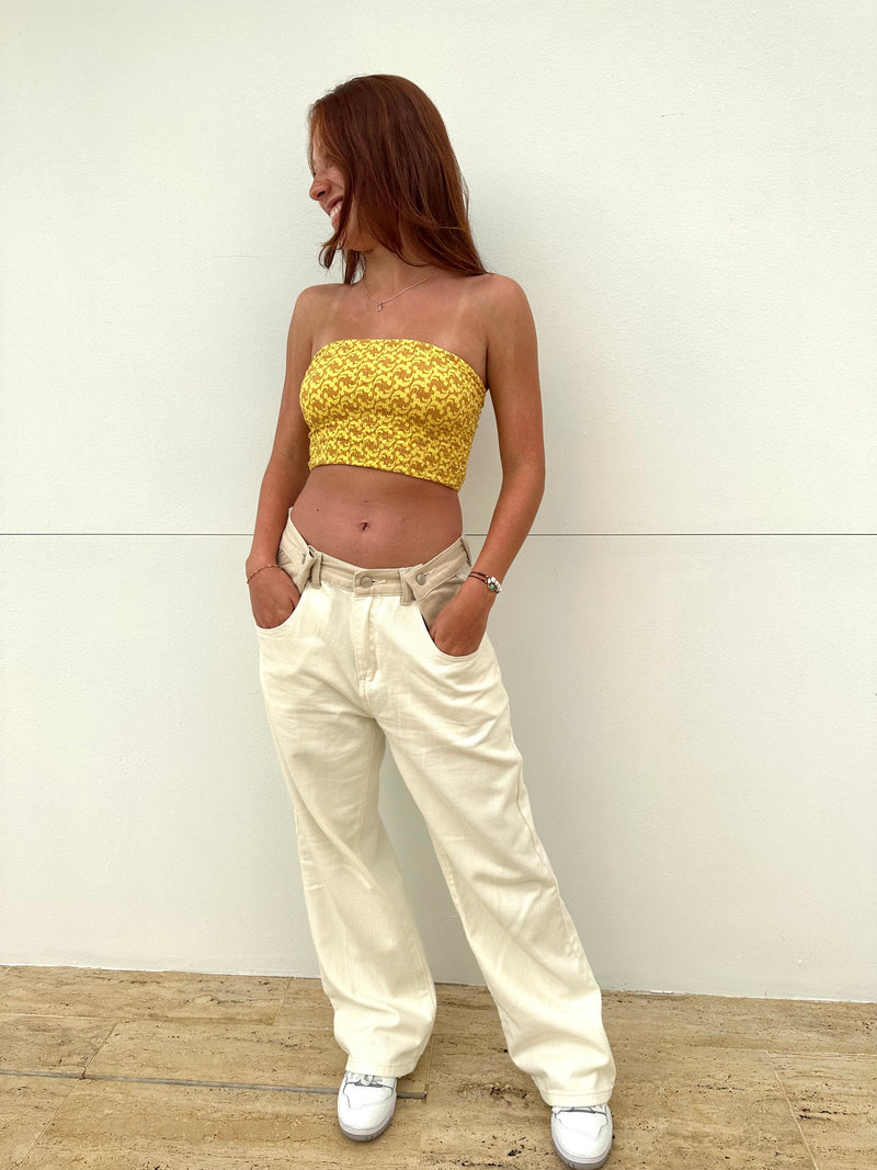 Contrast Button Waist Wide Leg Pants