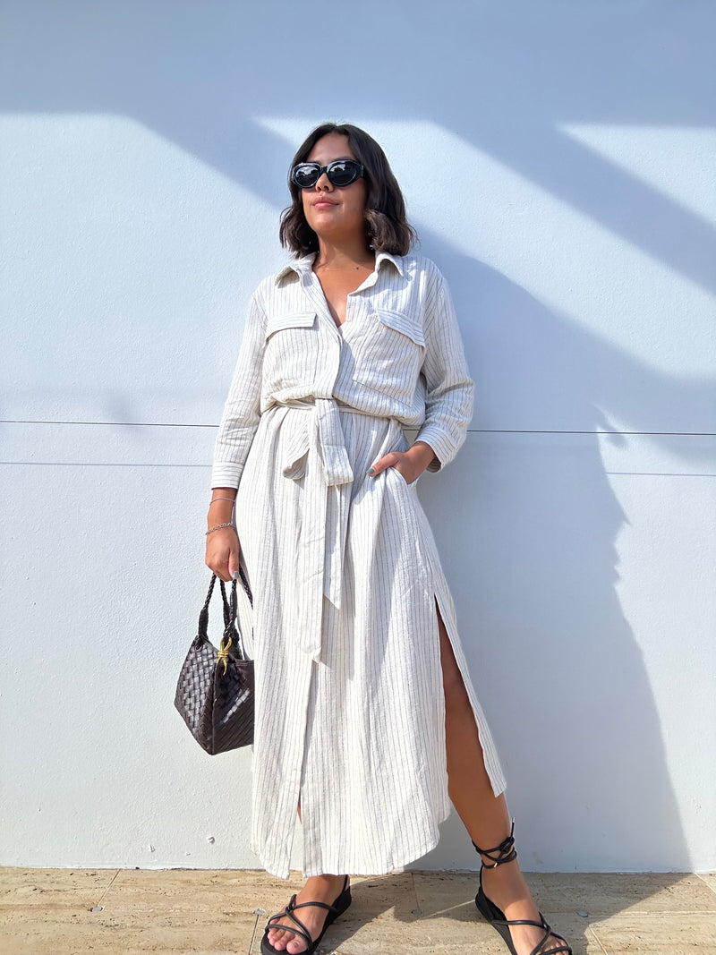 Pinstriped Belted Maxi Shirt Dress