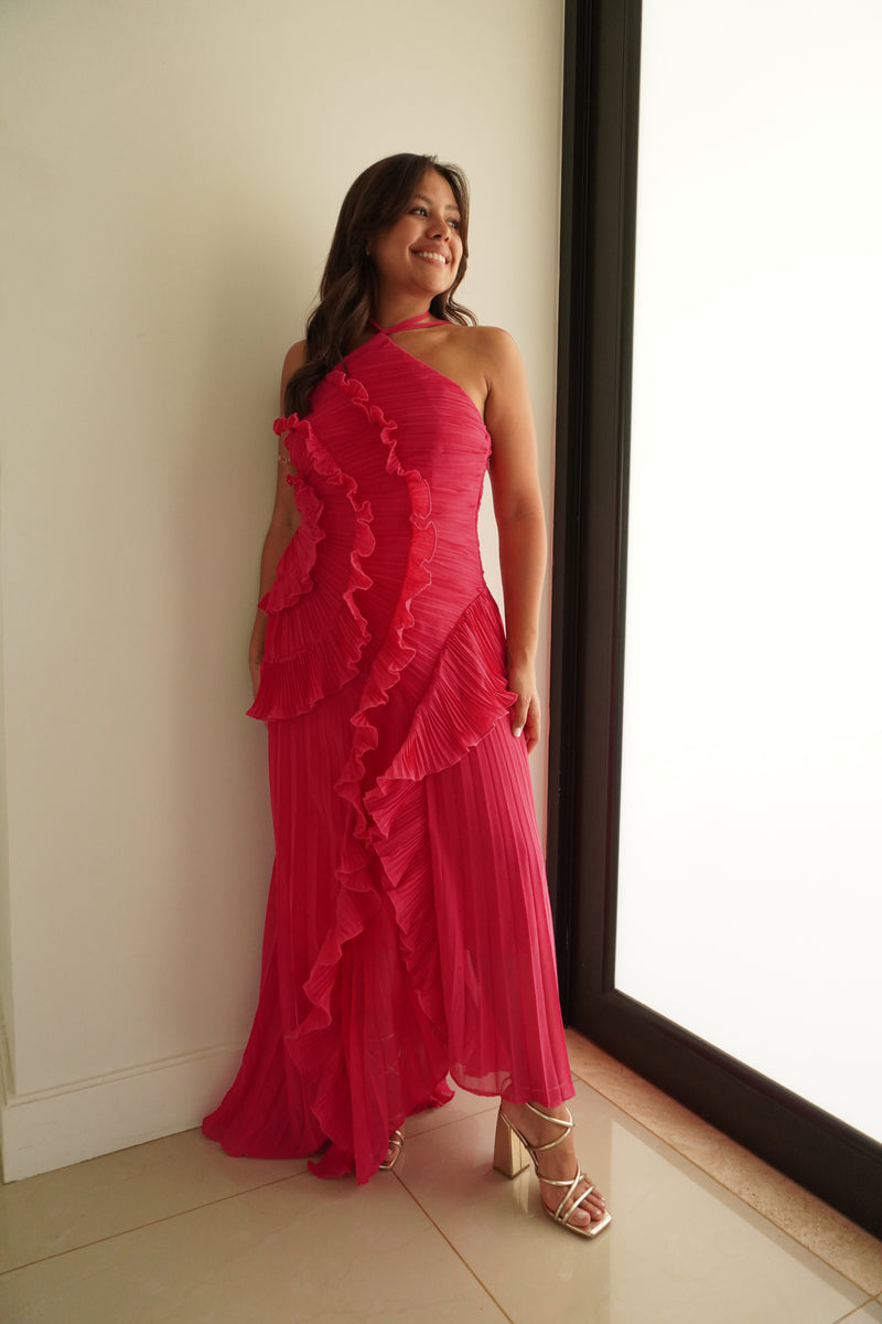 Criss Cross Halter Assymetrical Pleated Dress  Mola
