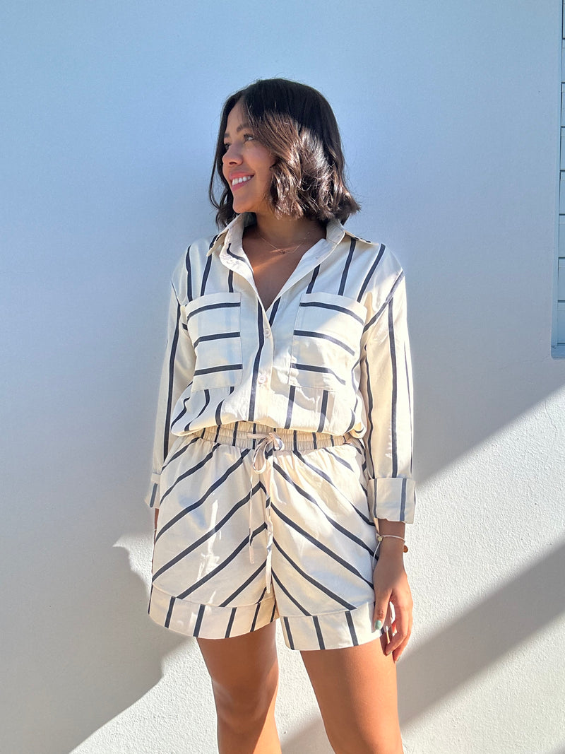 Long Sleeve Striped Button Down Shirt and Short Set