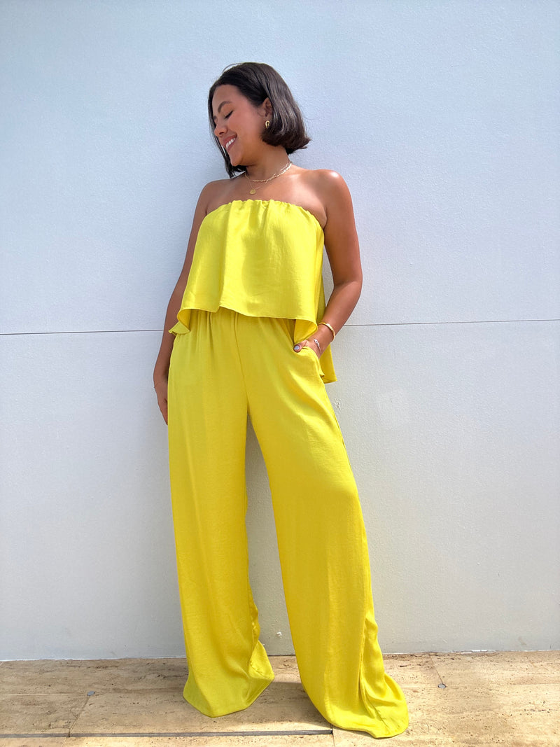 Washed Poly Silk Cascade Strapless Jumpsuit