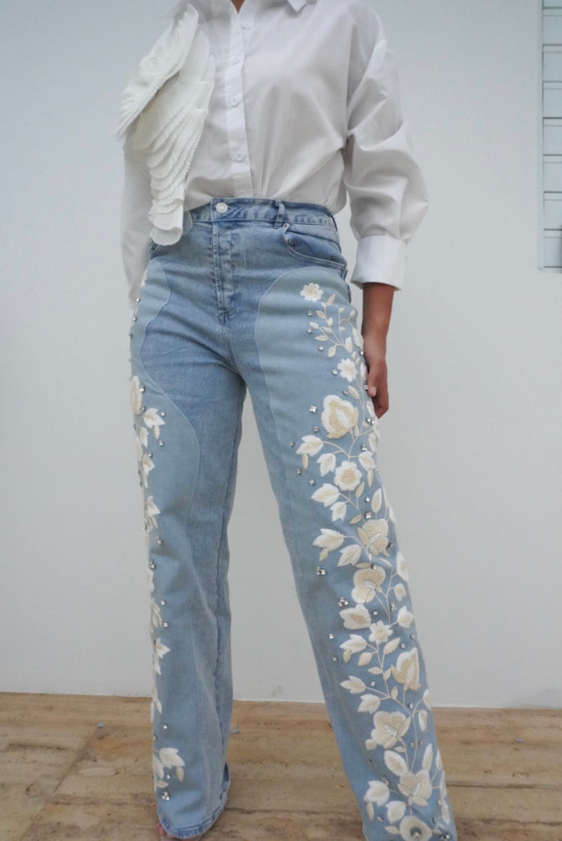 Stretch Mid Rise Side Stone Denim Jeans