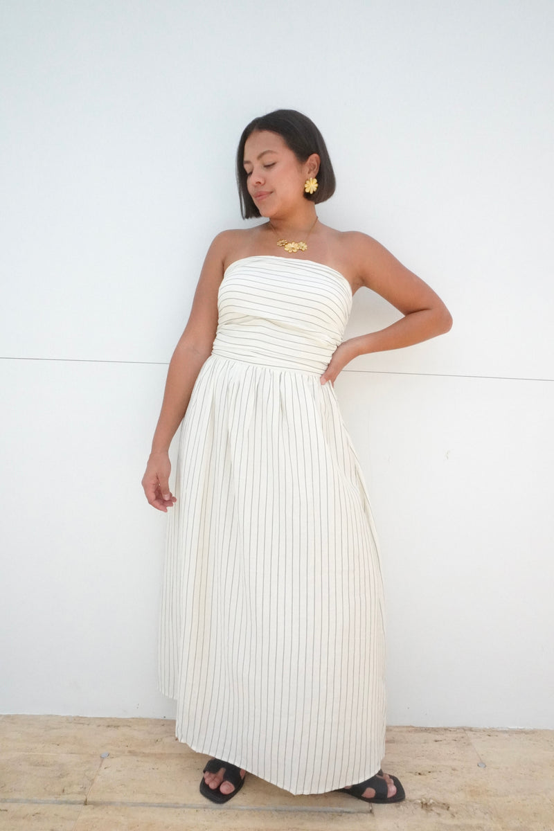 Strapless Striped Midi Dress