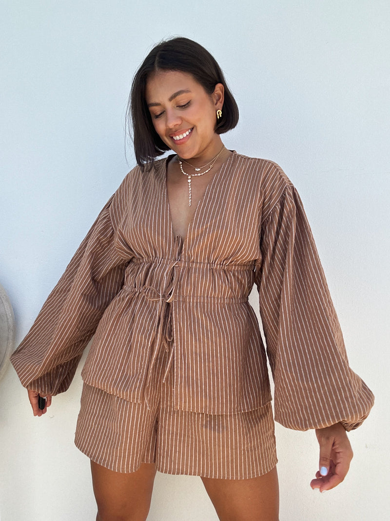 Puffy Longsleeve Front Tie Blouse and Short Set