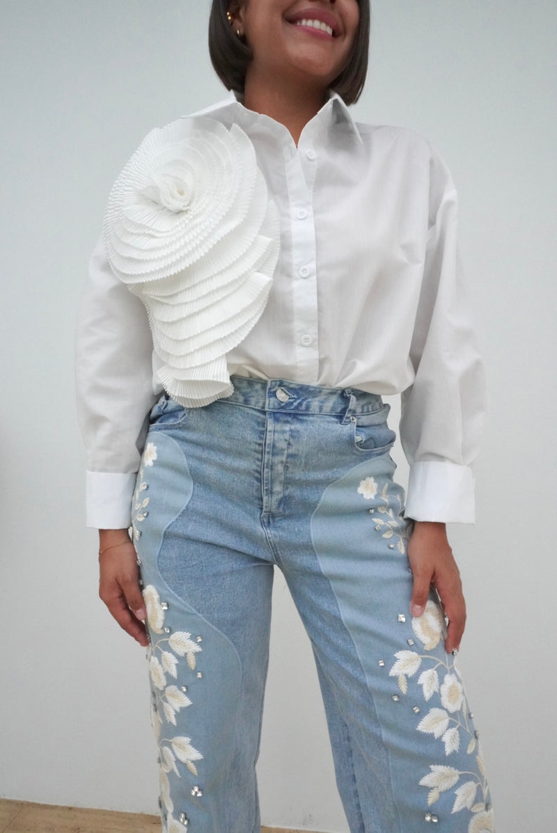 Oversized Long Sleeve Top with Flower Detail