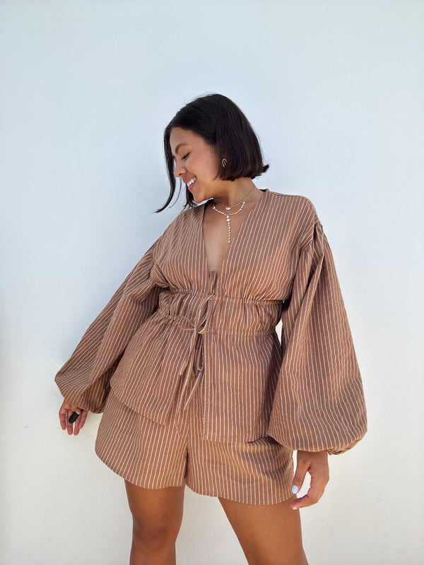 Puffy Longsleeve Front Tie Blouse and Short Set