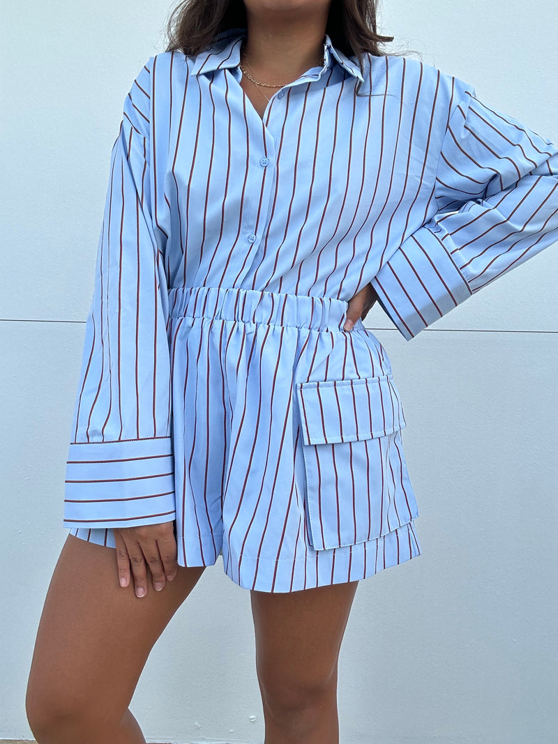 Striped Button Down Shirt and Short Set