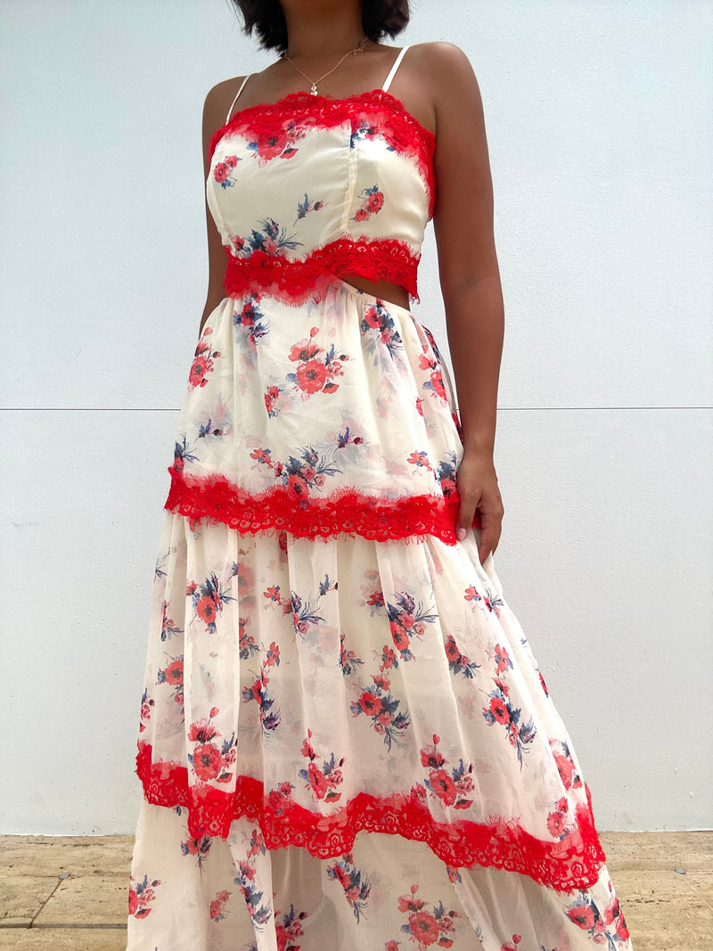 Floral Print Lace Detail Maxi Dress