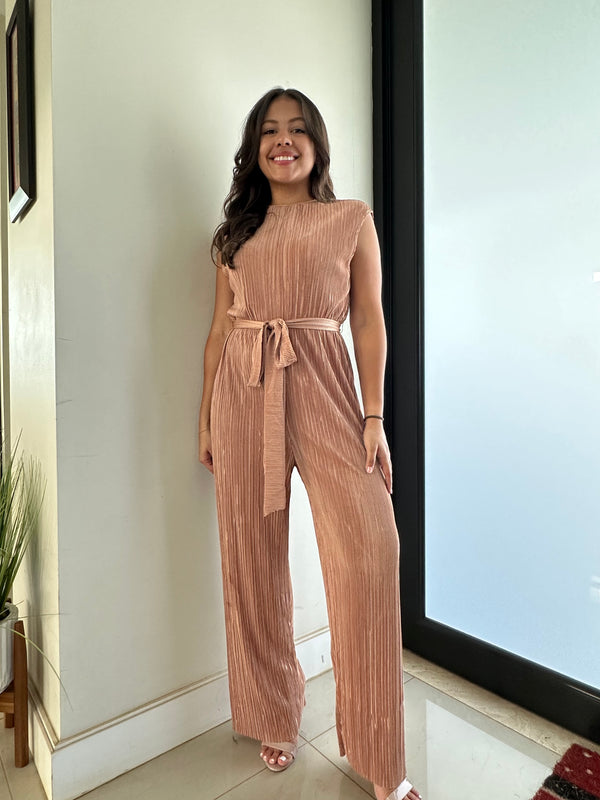 Velvet Pleated Tie Waist Jumpsuit