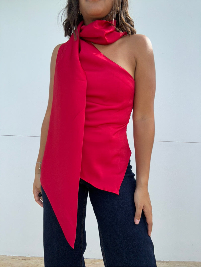 One Shoulder Silk Tank with Scarf