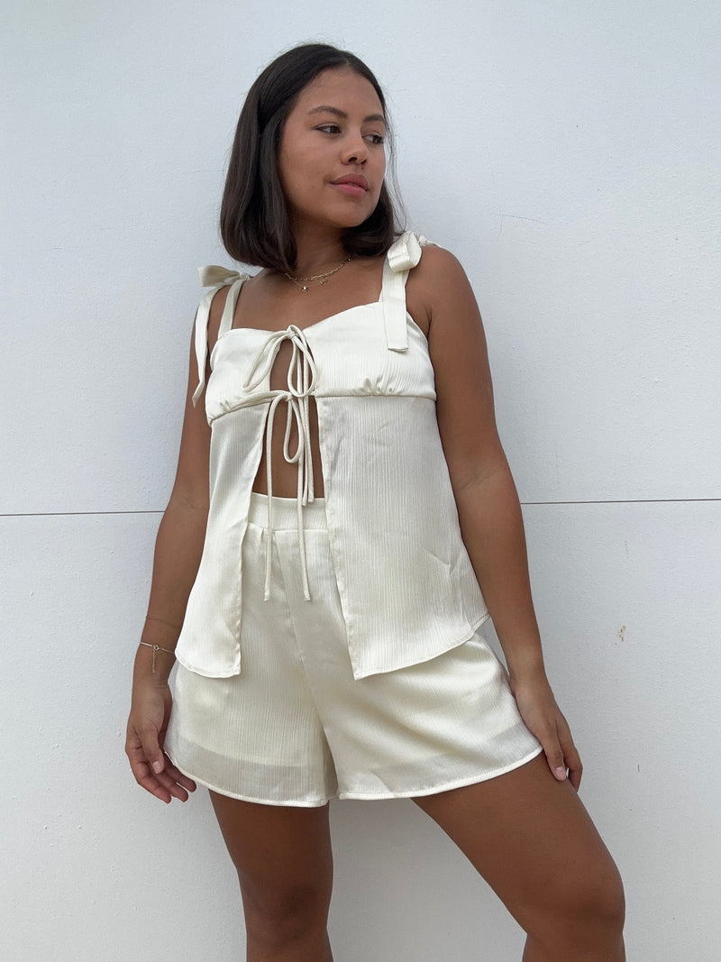 Woven Crinckle Satin Tie Top & Short Set